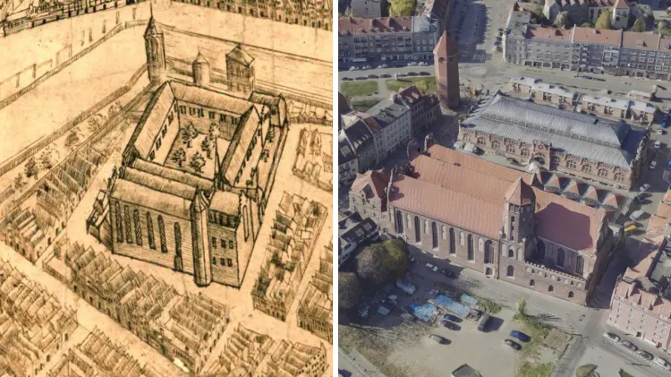 Rejon kościoła św. Mikołaja na planie sztokholmskim (ok. 1600 r.) oraz na modelu 3D Gdańska z 2022 r.