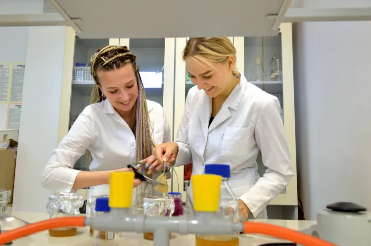 Dr Agata Sommer i inż. Alicja Niedźwiedzka z Wydziału Chemicznego PG w laboratorium, gdzie hodowana jest celuloza bakteryjna. 