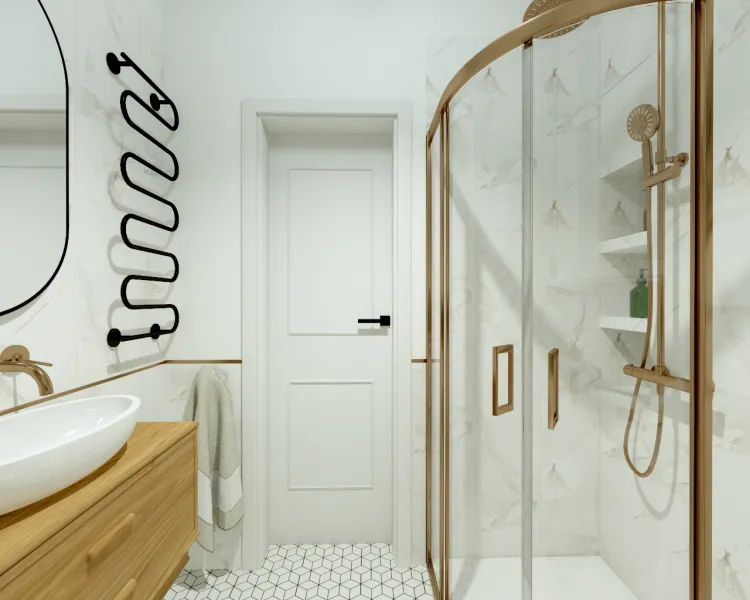 Oba warianty aranżacji łazienki uwzględniają stonowaną kolorystykę z obawy o to, by wyraziste kolory nie pochłaniały przestrzeni małego pomieszczenia.