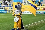 Śledzik, czyli maskotka Arki Gdynia często wymachuje klubową flagą.
