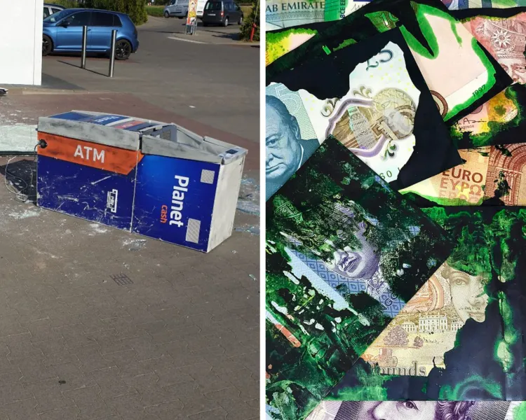 Zniszczony bankomat w Osowie. Z prawej strony widać metodę barwienia banknotów, stosowaną w innych krajach.