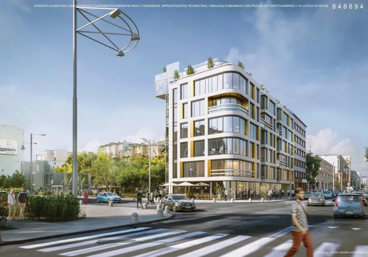 Planowany biurowiec na rogu ulic Świętojańskiej i 10 Lutego.
