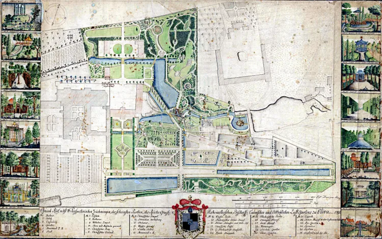 Plan Parku Oliwskiego, sporządzony osobiście przez ogrodnika i twórcę tego miejsca, Johanna Georga Saltzmanna. Na bordiurze, czyli ozdobnym obramowaniu mapy, zamieszczono ryciny przedstawiające poszczególne atrakcje parku. 
