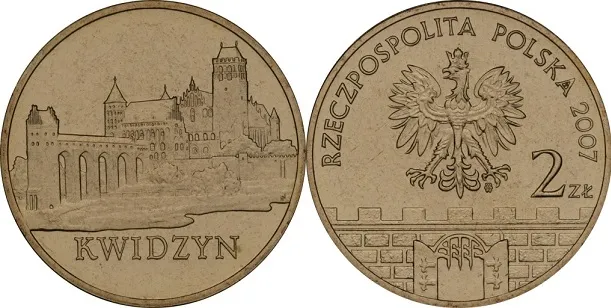 Dwuzłotówka z Kwidzynem z 2007 r. z serii "Historyczne miasta Polski" (32 miasta).