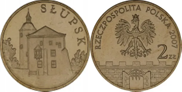 Dwuzłotówka ze Słupskiem z 2007 r. z serii "Historyczne miasta Polski" (32 miasta).
