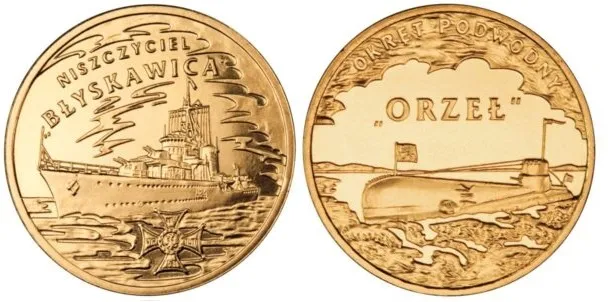 Dwuzłotówki "Niszczyciel Błyskawica" i "Okręt podwodny Orzeł" z serii "Polskie okręty".
