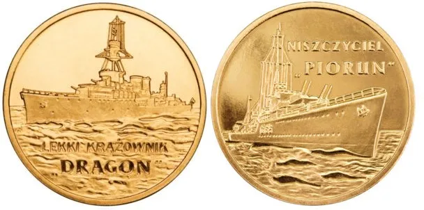 Dwuzłotówki "Lekki krążownik Dragon" i "Niszczyciel Piorun" z serii "Polskie okręty".