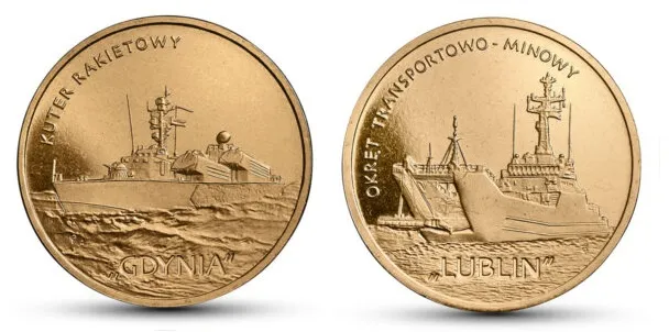 Dwuzłotówki z serii "Polskie okręty": "Kuter rakietowy Gdynia" oraz "Okręt transportowo-minowy Lublin".