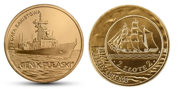 Dwuzłotówka "Fregata rakietowa gen. K. Pułaski" oraz dwuzłotówka  "nordic gold" z 2005 roku z reliefem monety 2 zł z 1936 roku z "Darem Pomorza".