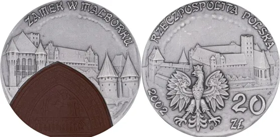 Srebrna 20-złotówka poświęcona zamkowi w Malborku.