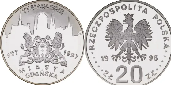 Srebrna 20-złotówka nawiązująca do 1000-lecia miasta Gdanska.