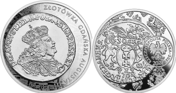 Wizerunek gdańskiej złotówki z 1762 r. przypomniany w serii "Historia monety polskiej" (2020 r.).
