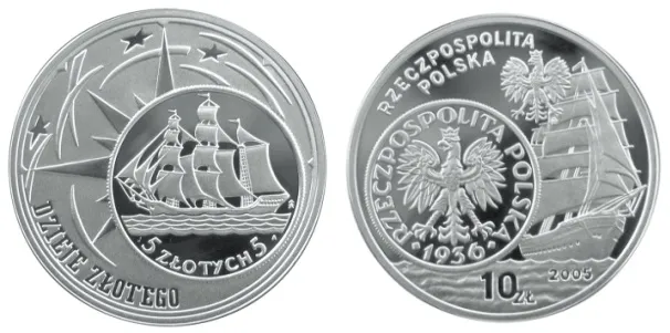 10-złotówka z wizerunkiem monety 5-złotowej z 1936 r., z Darem Pomorza z serii "Dzieje złotego".
