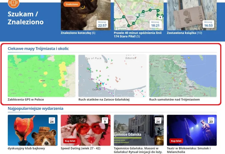 Użyteczne mapy znajdziecie na dole głównej strony Trojmiasto.pl, pomiędzy sekcjami Szukam / Znaleziono a zapowiedziami wydarzeń w Trójmieście.  