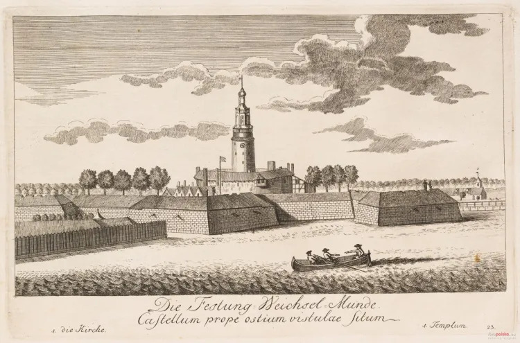 1765 Twierdza Wisłoujście, z prawej widoczny niewielki kościół św. Olafa. Ze zbiorów Muzeum Gdańska 
