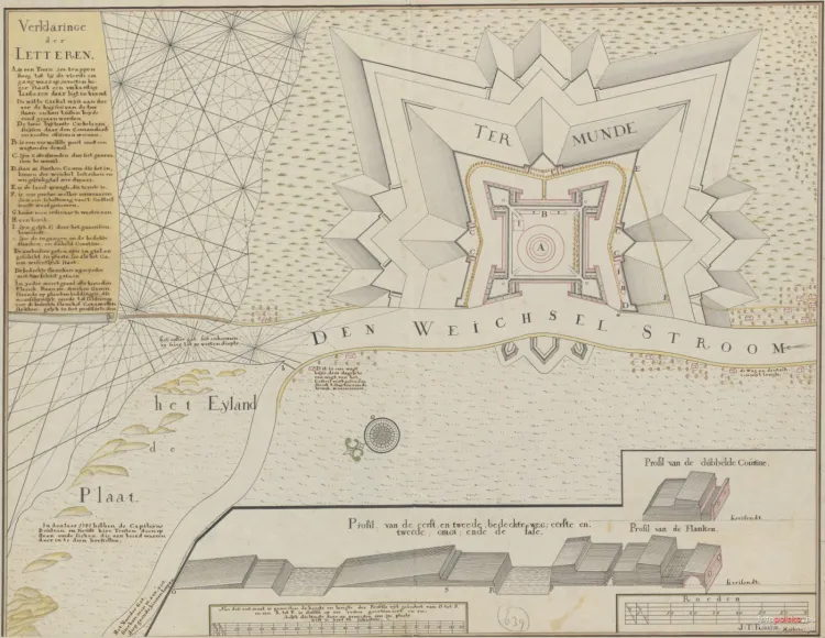 Lata 1742-1744 Plan Twierdzy Wisłoujście. Na planie oznaczono literą H kościół wybudowany po 1734 r., znajdujący się pomiędzy fosą a skarpą. W ramce na dole prezentowane są przekroje poszczególnych umocnień.