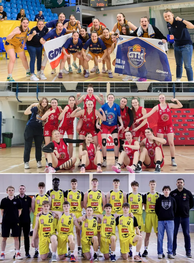 GTK VBW Arka Gdynia (u góry) zdobyła złoto, a Szkoła Gortata Politechnika Gdańska (w środku) srebro mistrzostw Polski koszykarek do lat 19. Z kolei Trefl 1LO Sopot (na dole) wygrał Centralną Ligę Juniorów.