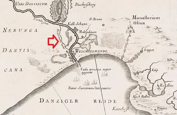 Fragment planu Gdańska Françaisa de Lapointe z 1696 r.  Czerwoną strzałką zaznaczono wyspę Holm, dziś Ostrów.