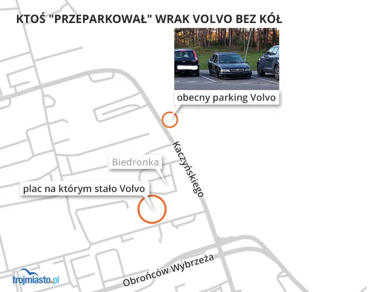Mapa przedstawia miejsce, w którym do tej pory zalegał wrak, a także aktualną lokalizację zdezelowanego Volvo. 
