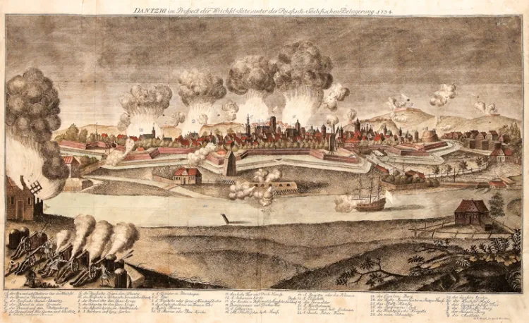 Oblężenie Gdańska przez wojska rosyjskie i saskie w roku 1734, Widok miasta od strony wschodniej z okrętem na Wiśle. Georg Paul Busch, 1735. 