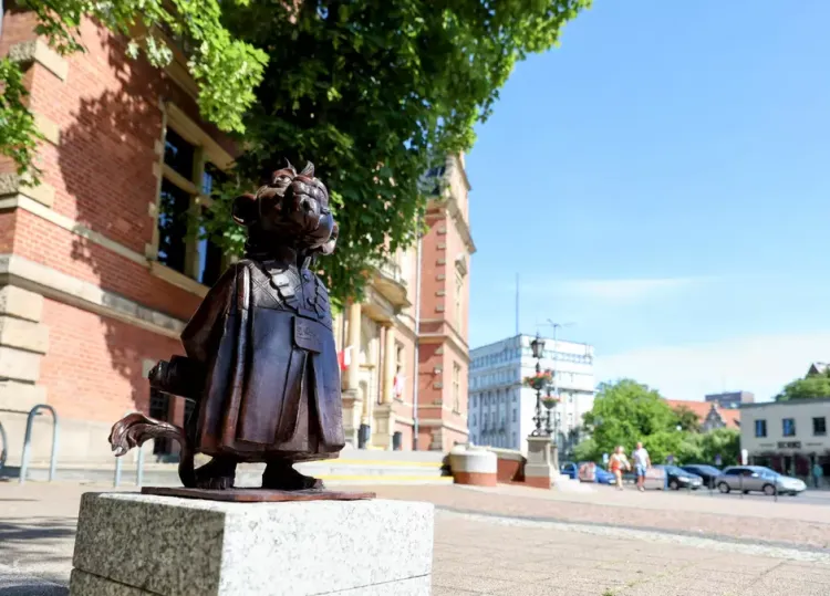 Hewelion - rajca miejski stoi przed siedzibą Rady Miasta Gdańska.