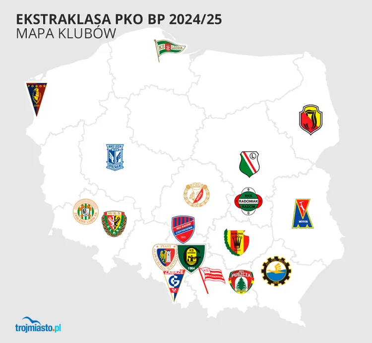 PKO BP Ekstraklasa sezon 2024/25 - mapa drużyn
