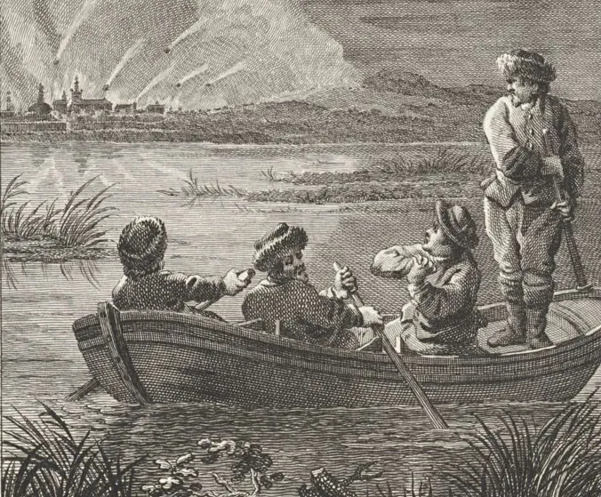 Ucieczka króla Stanisława Leszczyńskiego z oblężonego i ostrzeliwanego Gdańska w przebraniu na pokładzie rybackiej łodzi w nocy z 27 na 28 czerwca 1734 r. Grafika autorstwa Reiniera Vinkelesa.
