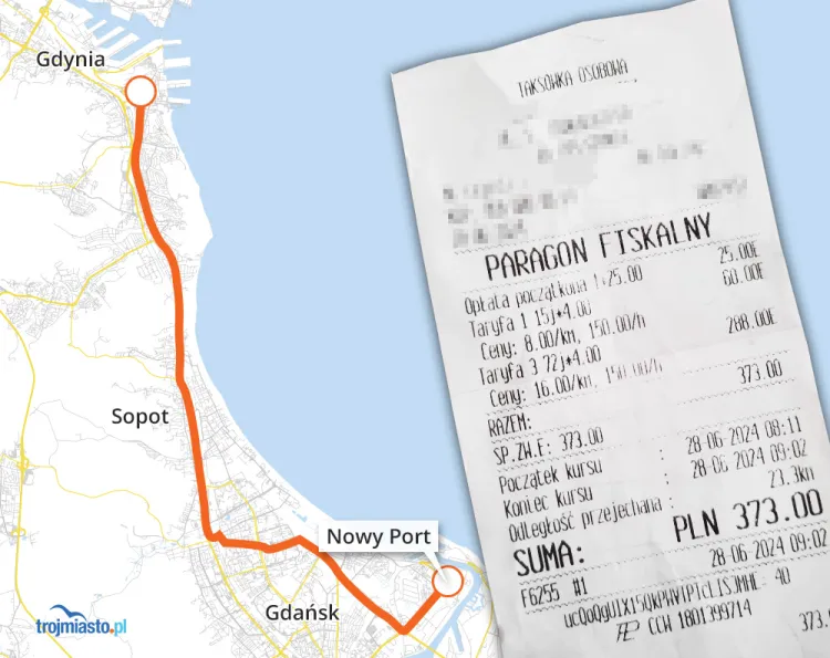 Za 23-kilometrowy kurs z Gdyni do Nowego Portu pasażerka zapłaciła 373 zł.