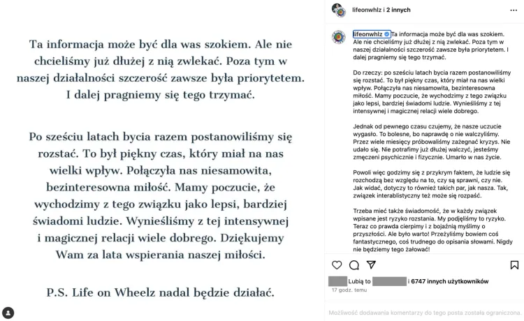 Wojtek i Agata z Life on Wheelz rozstali się dwa lata po ślubie.