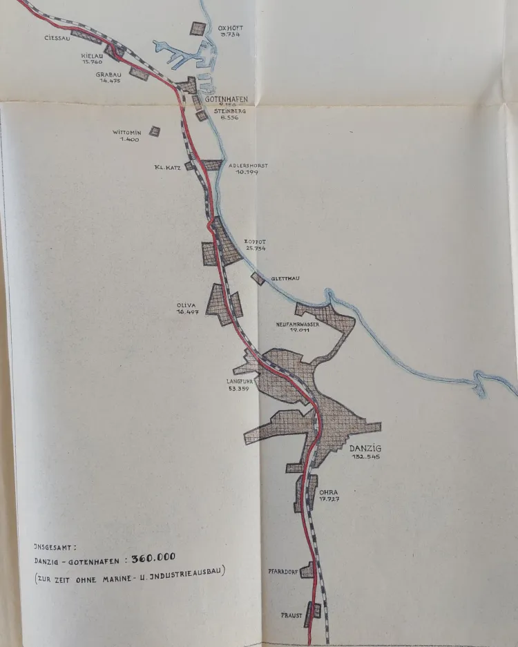 Pochodzący z 1940 r. schematyczny plan Gdańska, Gdyni i Sopotu, z podziałem na dzielnice i szacowaną liczbą ludności. Ze zbiorów Wojskowego Archiwum Federalnego we Fryburgu.   