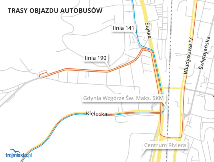 Trasy objazdu autobusów.