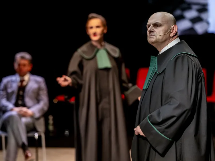 Ciężar akcji spoczywa na przesłuchujących świadków prawnikach. Robert Ninkiewicz gra oskarżyciela posiłkowego Bieglera, wspierającego Katharinę.
