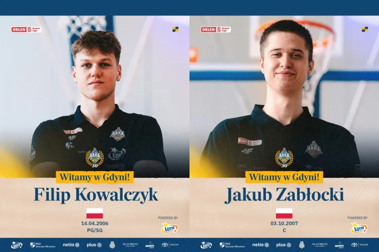 Młodzi koszykarze, Filip Kowalczyk i Jakub Zabłocki przedłużyli kontrakty z AMW Arką Gdynia. Grafiki pochodzą z mediów klubowych. 