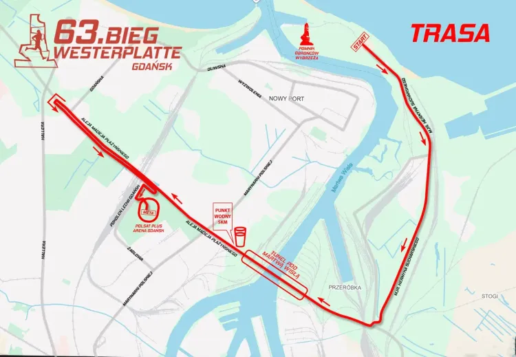 Nowa trasa 63. Biegu Westerplatte będzie wiodła tunelem pod Martwą Wisłą i al. Płażyńskiego do Polsat Plus Areny Gdańsk.