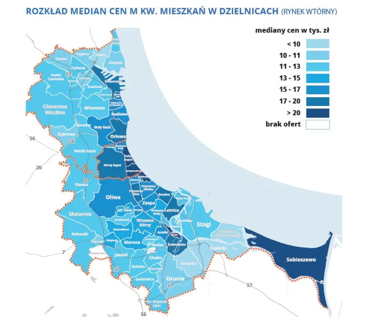 Rozkład cen mieszkań w dzielnicach Trójmiasta na mapie. Rynek wtórny.