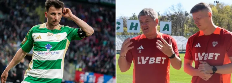 Widać różnice. W takich koszulkach Lechia Gdańsk zagrała w ostatnim meczu (z lewej), a w takich zaprezentowali się trenerzy przed najbliższym spotkaniem z Radomiakiem w Radomiu (z prawej). 