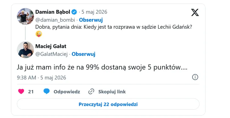 Wpis na temat odzyskania przez Lechię Gdańsk zabranych punktów.