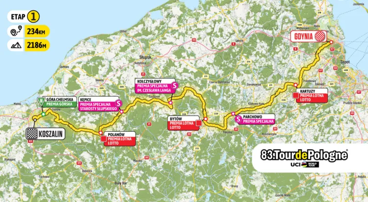 Mapa pierwszego etapu 83. Tour de Pologne. 3 sierpnia kolarze pokonają 234 kilometry z Gdyni do Koszalina. Dzień wcześniej odbędzie się prezentacja na "Błyskawicy". 