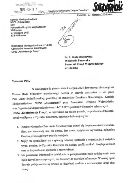Opinia związków zawodowych o pracy dyrektor generalnej z 2024 r.