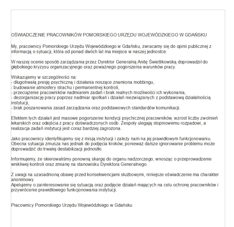 Pełna treść oświadczenia anonimowych pracowników PUW, które trafiło do redakcji Trojmiasto.pl.
