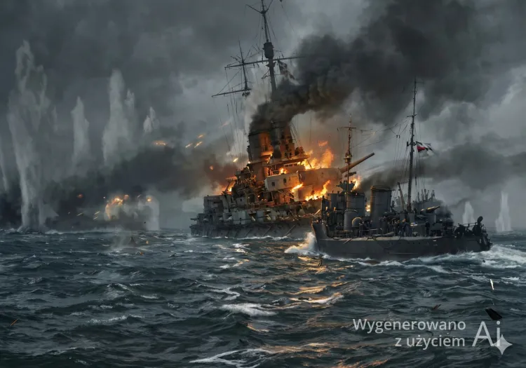 Torpedowiec SMS G39 przejmuje sztab wiceadmirała Hippera z ciężko uszkodzonego Lützowa (rekonstrukcja na bazie reprodukcji obrazu Hansa Bohrdta).