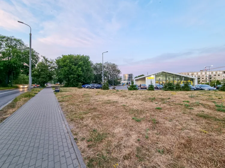 Po prawej sklep Biedronka, do którego zjazd stanowi granicę pomiędzy formą realizacji trasy rowerowej wzdłuż ul. Gdańskiej.