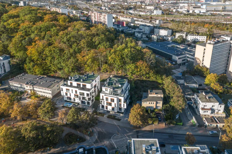 Budynki pierwszego etapu Apartamentów Wolności na tle miasta i lasu. 