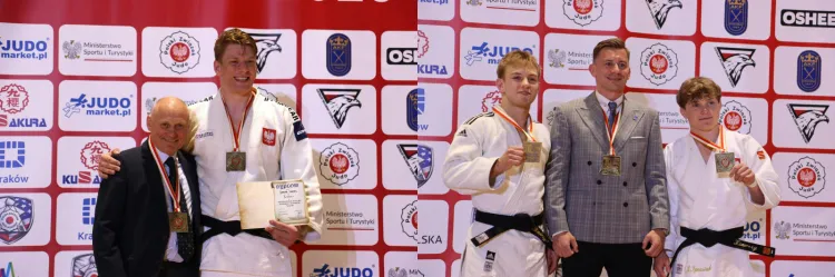 Złoci medaliści mistrzostw Polski w judo. Z lewej Jakub Sordyl (kat. powyżej 100 kg) z trenerem Andrzejem Jasińskim, z prawej Ksawery Ignasiak (kat. do 60 kg), trener Tomasz Kowalski, Hubert Biedrzycki (srebrny medalista kat. do 60 kg)